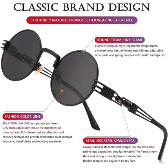 Round Steampunk Sunglasses Circle Lennon Hippie Glasses Metal Frame UV Blocking - Picture 6 of 7